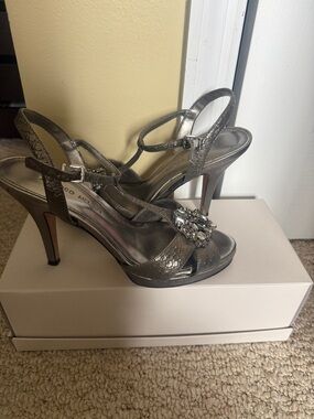 ANTONIO MELANI Gunmetal Metallic Jeweled Slingback Heels